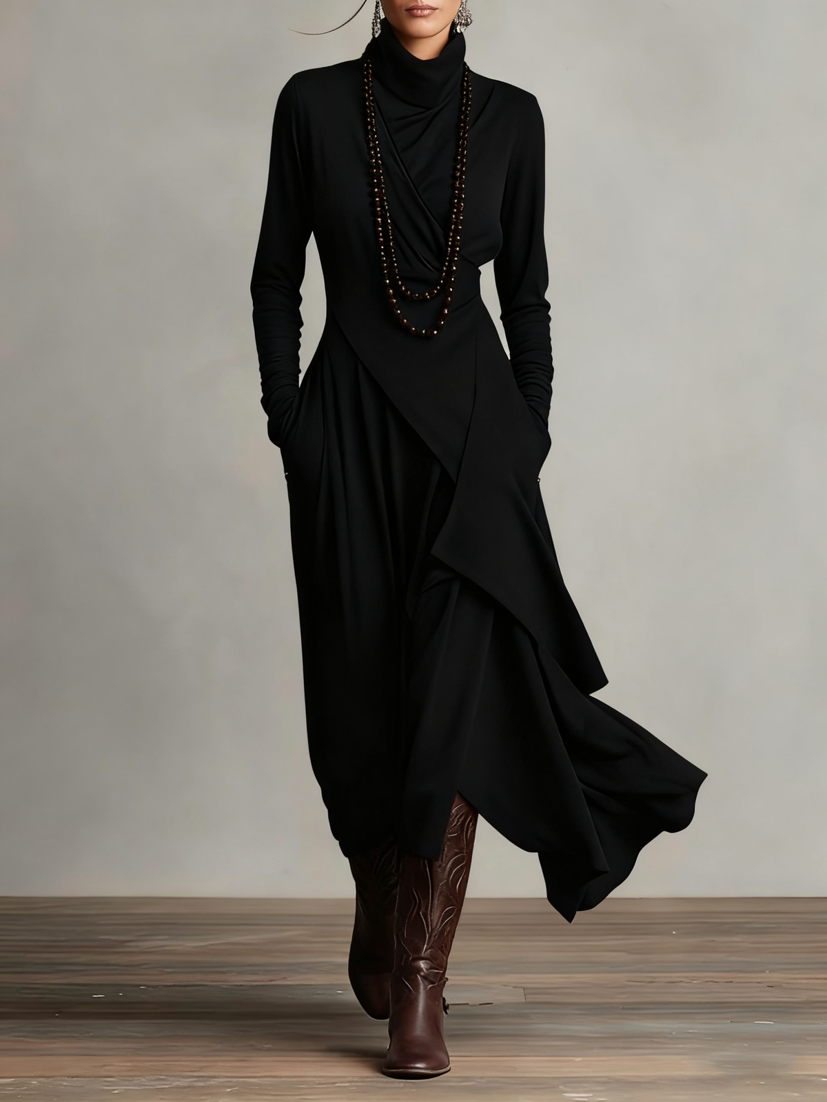 BUDOIA - Abito maxi elegante asimmetrico con collo alto