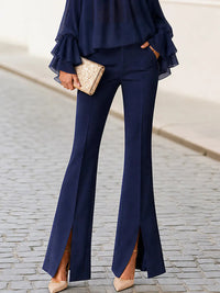 GAMBATESA - Set due pezzi blu navy in chiffon con volant e spacco frontale