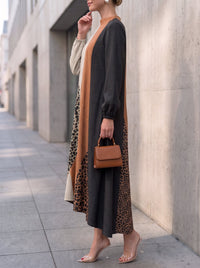 PICCIANO - Abito maxi leopardato con zip e maniche lunghe a contrasto