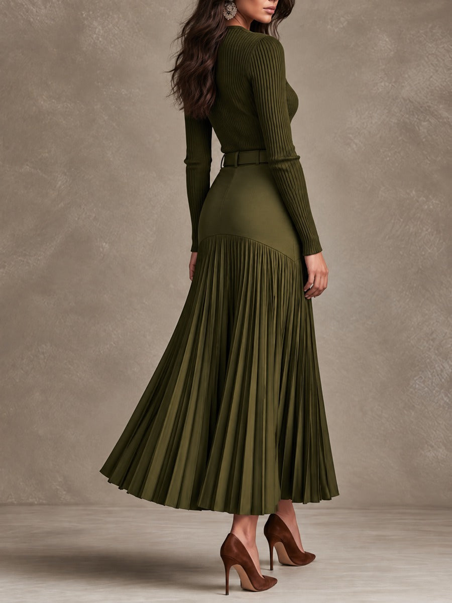 SPERLINGA - Set due pezzi verde oliva in maglia a coste con cintura