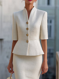 ALTO - Set due pezzi bianco in tweed con blazer peplum e gonna midi a matita