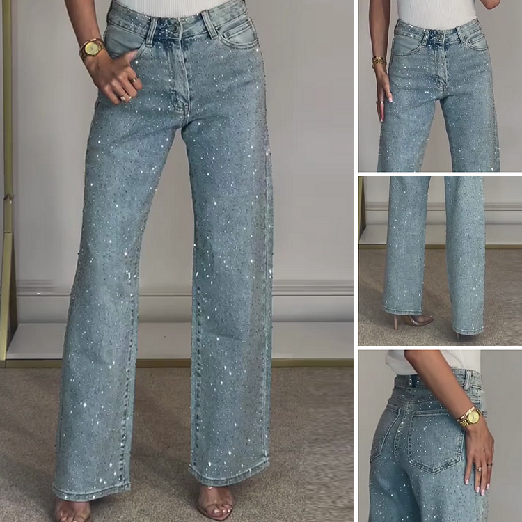 ALBIDONA - Jeans dritti con strass in Blu Nero Grigio