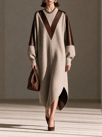 Women's Round-Neck Leather-Panel Drop-Shoulder Long-Sleeve Asymmetric-Hem Wool Maxi Dress MDZ3103H5CMX