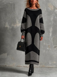 Elegant Heather Grey-Black Colorblock Round-Neck Long-Sleeve Loose-Fit Knit Maxi Dress