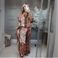 LUISA - Completo marrone 2 pezzi con top stampato e pantaloni ampi