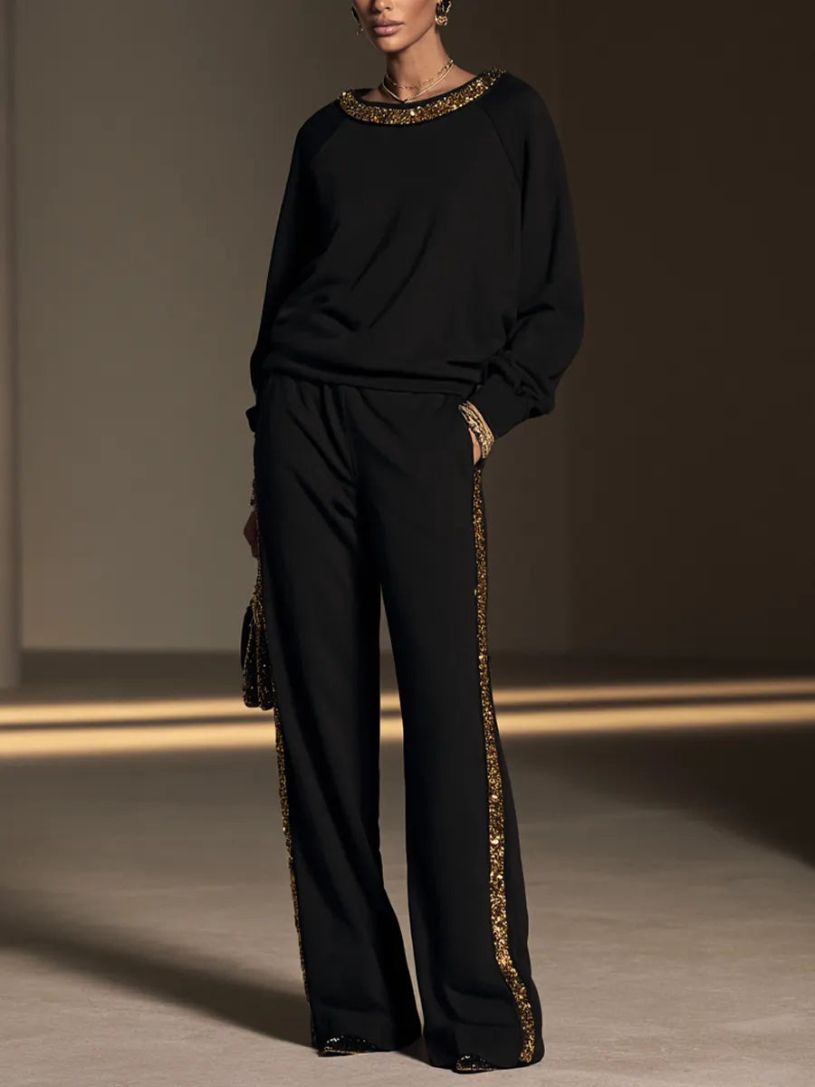 SABRINA - Set due pezzi nero con paillettes e pantaloni wide-leg