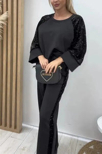 MEDEA - Set due pezzi paillettes con top ampio e pantaloni palazzo a tasche
