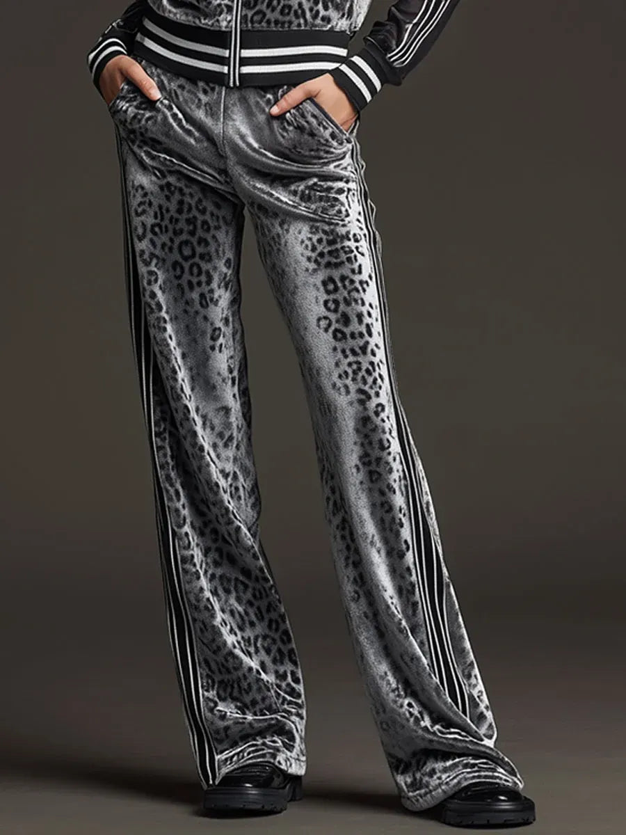 AMARONI - Set due pezzi in velluto leopardato grigio a righe retro