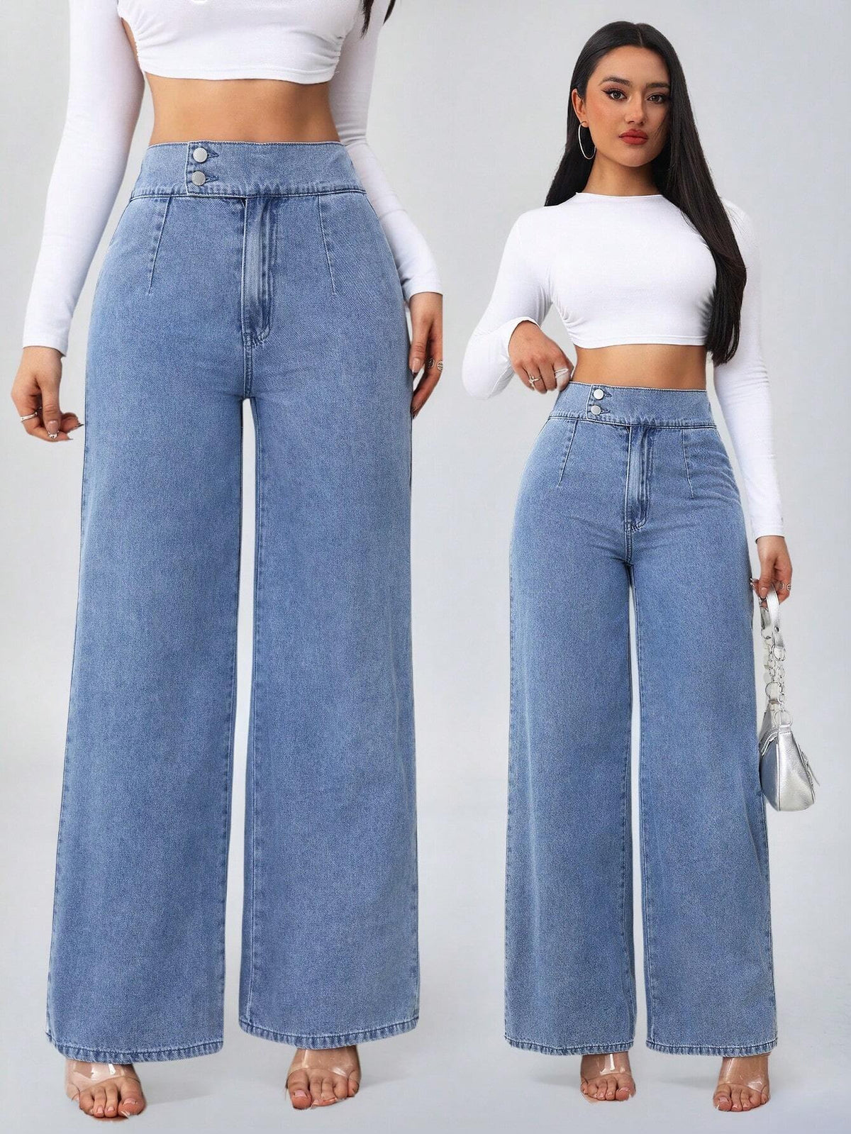 MONFUMO - Jeans wide-leg a vita alta in denim blu