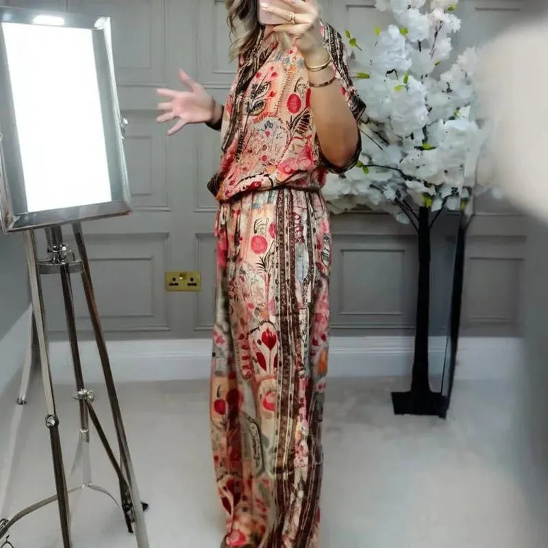 LUISA - Completo marrone 2 pezzi con top stampato e pantaloni ampi
