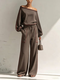 FONTE - Completo marrone asimmetrico con pantaloni wide leg