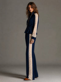 SPOLETO - Set due pezzi in maglia a coste blu con pizzo floreale