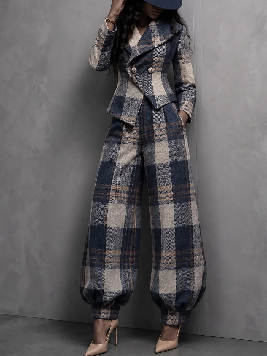 OLEGGIO - Pantaloni wide leg scozzesi blu navy con orlo rifinito