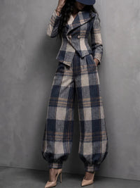 OLEGGIO - Pantaloni wide leg scozzesi blu navy con orlo rifinito