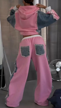 BIBBONA - Completo rosa con hoodie patchwork e jeans wide leg