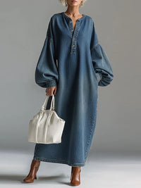 LOIANO - Abito in denim vintage con scollo a V e maniche lanterna