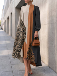 PICCIANO - Abito maxi leopardato con zip e maniche lunghe a contrasto