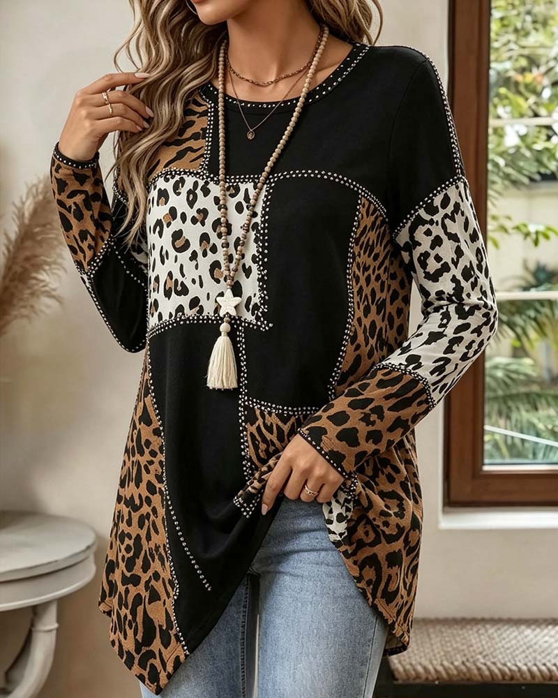 SEFRO - Camicetta patchwork leopardata dal design irregolare