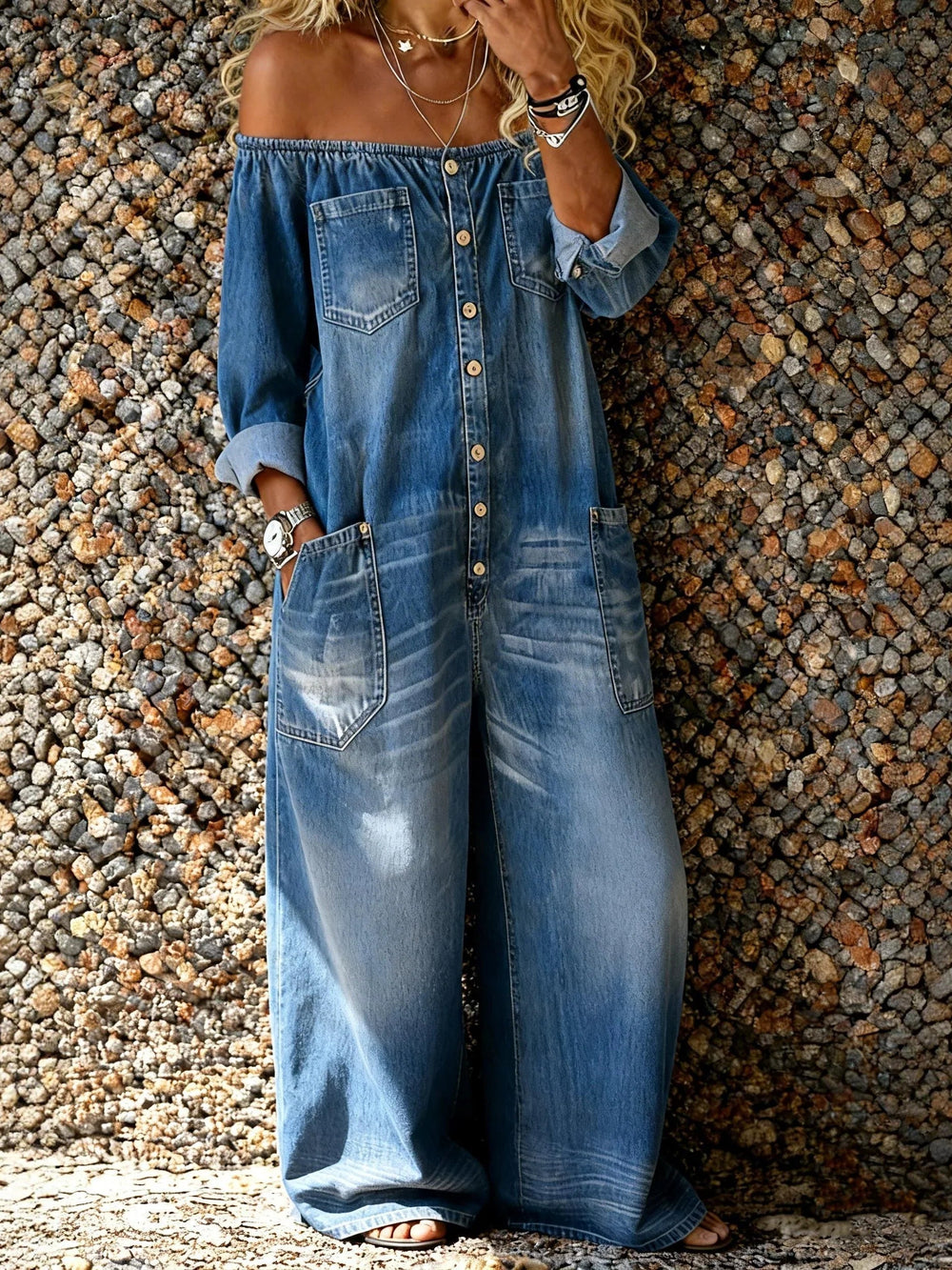CHIARA - Salopette denim con scollo spalle scoperte, 4 colori — foto 2