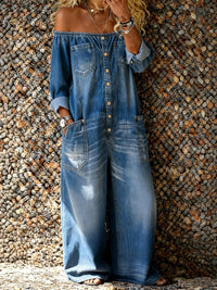 CHIARA - Salopette denim con scollo spalle scoperte, 4 colori — foto 2