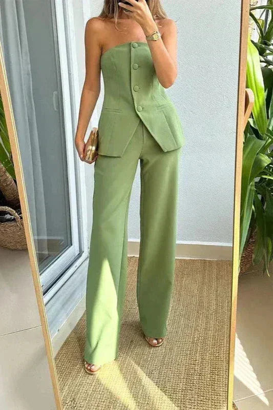 GIULIA - Completo due pezzi verde con bottoni e design senza spalline — foto 2