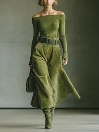 GIULIA - Completo verde oliva con top scivolato e gonna suede — foto 2