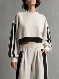 PORANO - Set due pezzi beige color-block in felpa pantaloni ampi