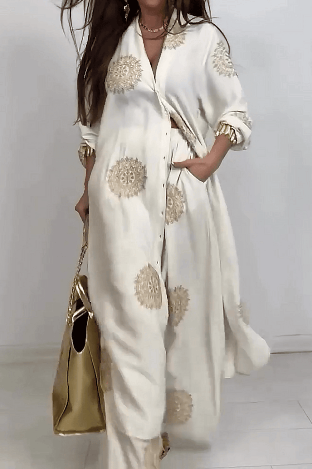 FEISOGLIO - Set due pezzi con cappotto lungo e pantaloni wide-leg stampati