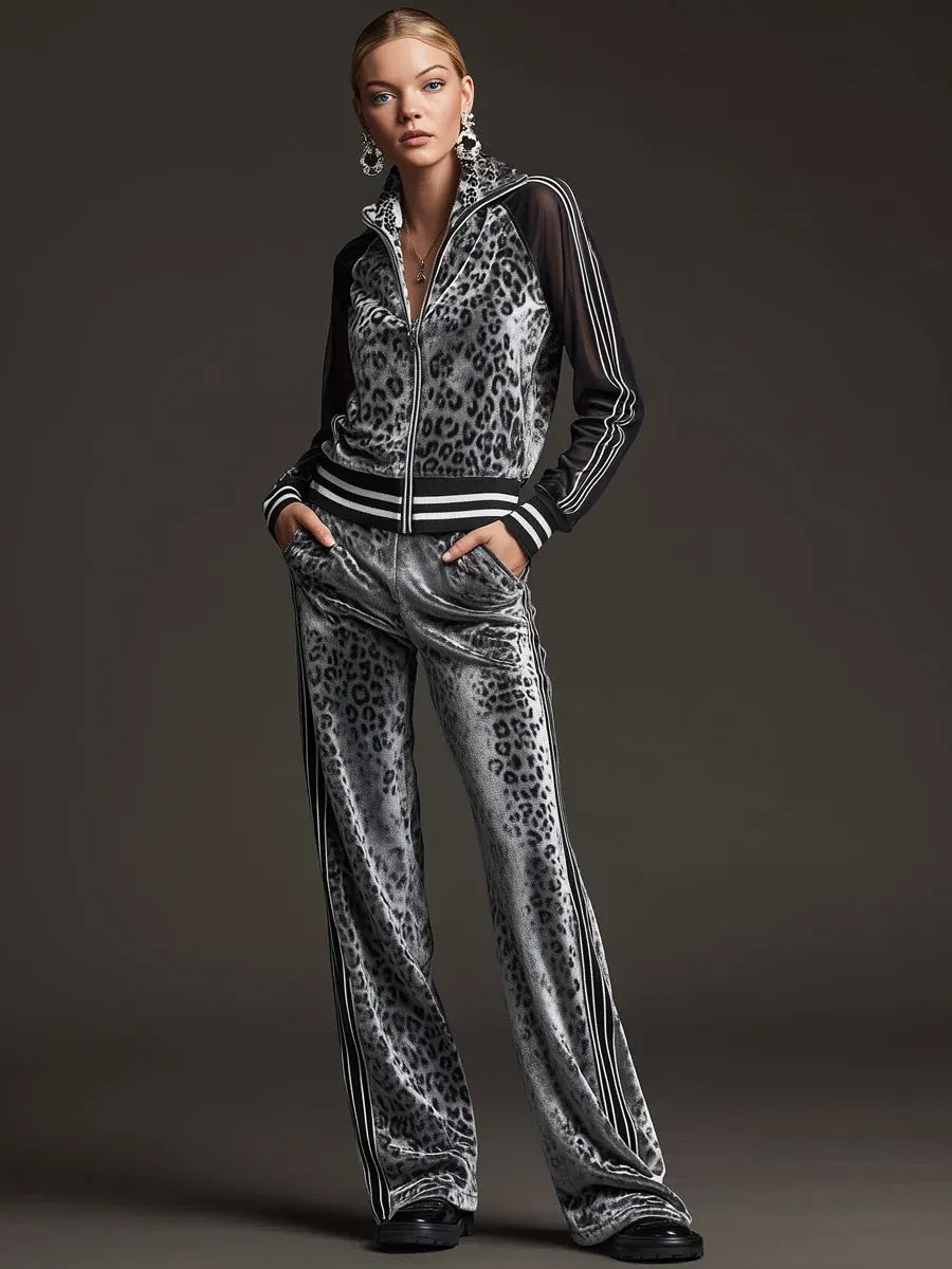 AMARONI - Set due pezzi in velluto leopardato grigio a righe retro