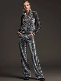 AMARONI - Set due pezzi in velluto leopardato grigio a righe retro