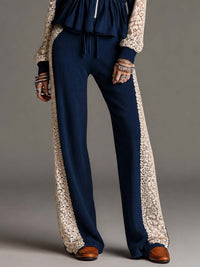 RICADI - Set due pezzi in maglia a coste con pizzo floreale, blu navy