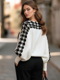 APRICENA - Maglione in maglia bianca con motivo pied de poule a pipistrello