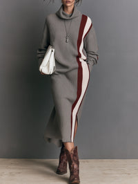 Women's Retro Color-Block Midi Sweater Dress With High Neck And Side Slit MDZ2130H1WY