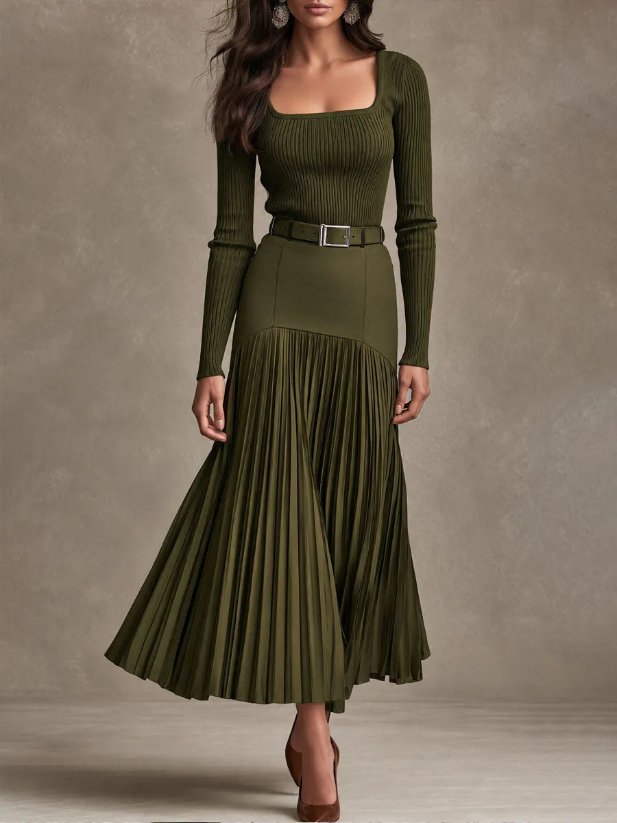 SPERLINGA - Set due pezzi verde oliva in maglia a coste con cintura