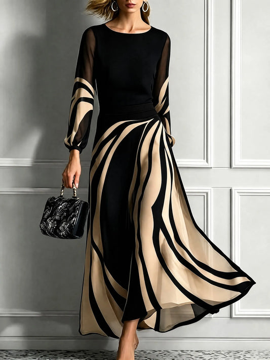 ARAMENGO - Abito Maxi Nero in Mesh con Stampa Astratta