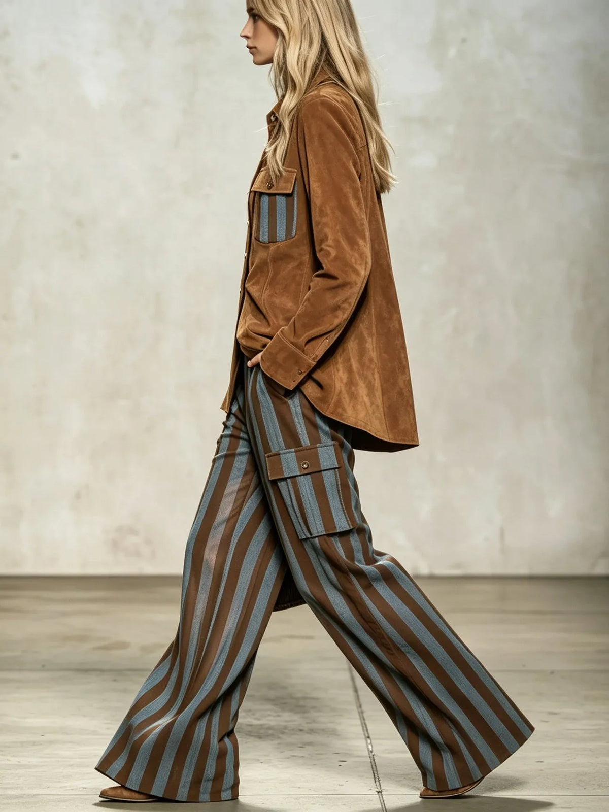 ROTONDELLA - Set due pezzi marrone effetto camoscio con pantaloni a righe verticali