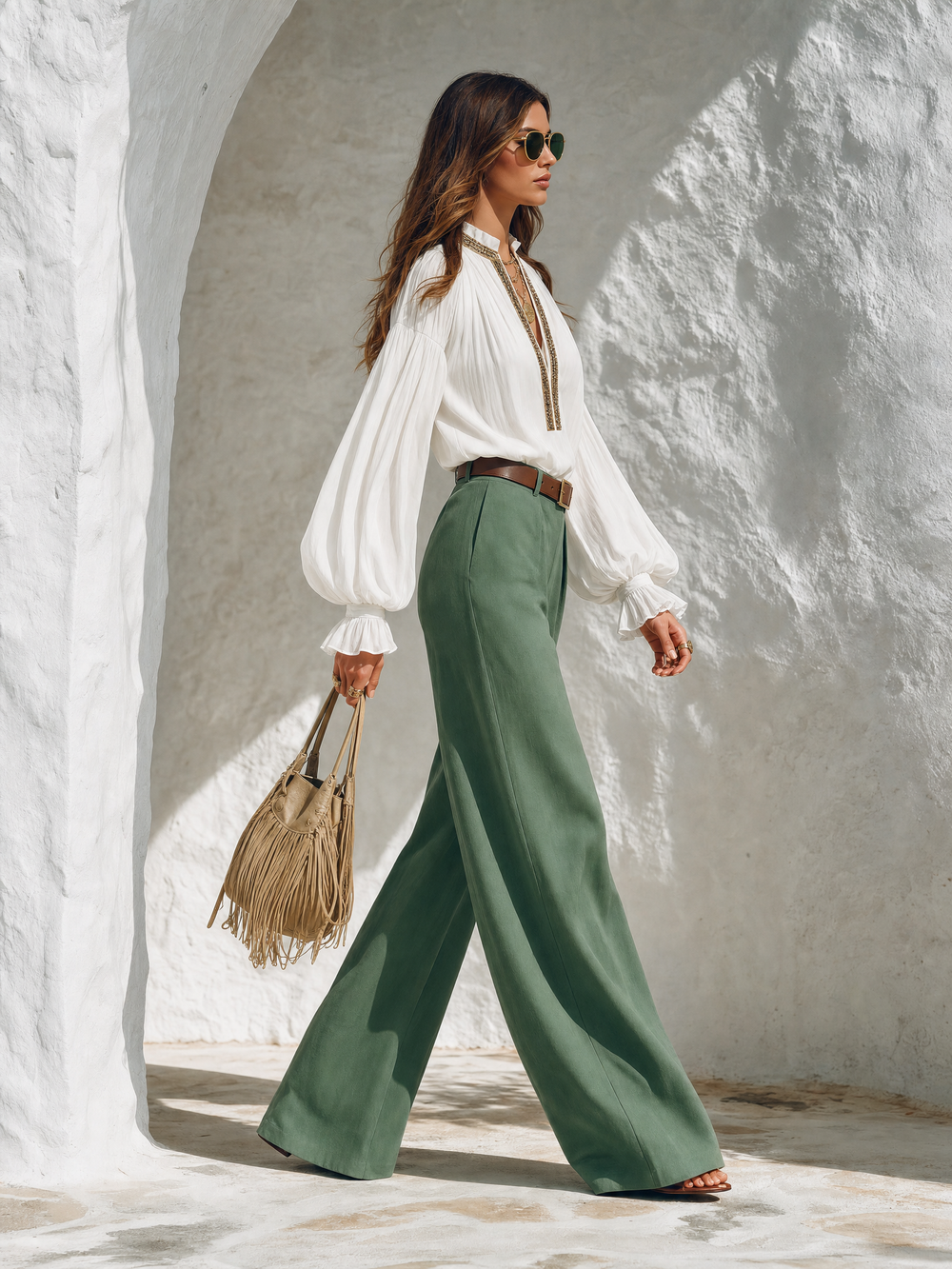 ESINE - Set due pezzi con top lanterna e pantaloni scollo a V