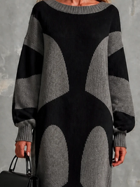 Elegant Heather Grey-Black Colorblock Round-Neck Long-Sleeve Loose-Fit Knit Maxi Dress