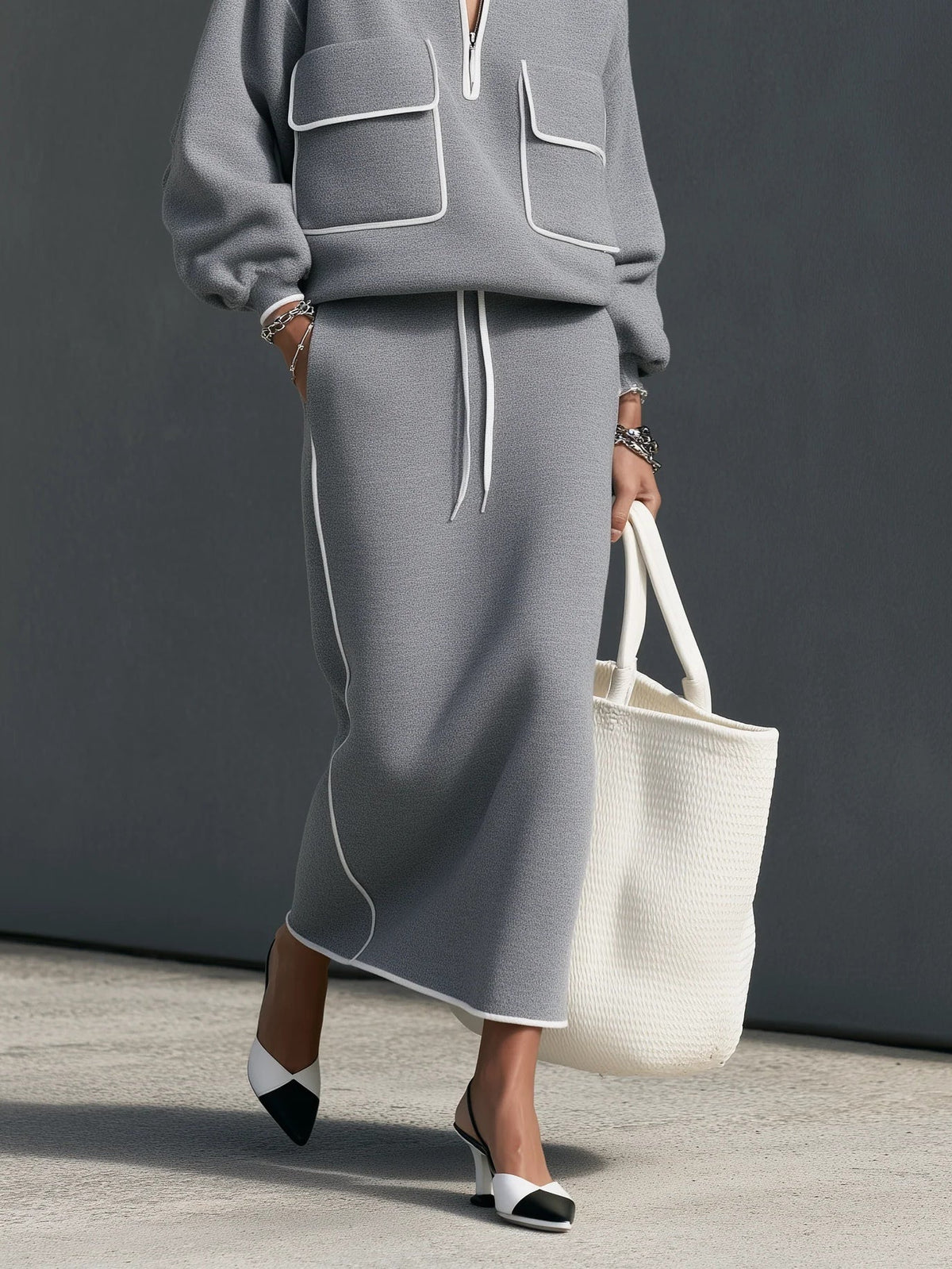 CIRIGLIANO - Set due pezzi grigio con felpa mezza zip e gonna midi