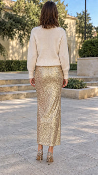 RESCALDINA - Set due pezzi in maglia avorio e gonna maxi oro con paillettes