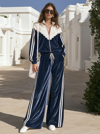 NOEMI - Set due pezzi in velluto blu navy con pizzo e doppie righe