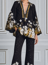 RASURA - Set due pezzi nero floreale con top e pantaloni palazzo