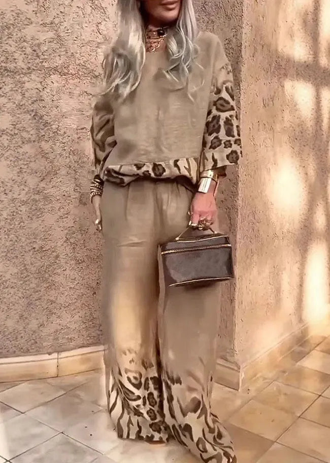 SEDRIANO - Set due pezzi khaki con top stampato e pantaloni wide leg