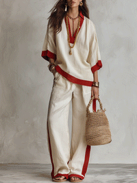 FORMAZZA - Set due pezzi in lino avorio oversize con bordi rossi