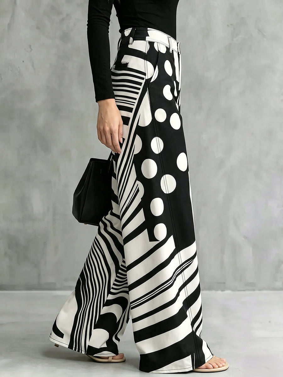 AMBIVERE - Pantaloni palazzo in denim bianco a pois e righe
