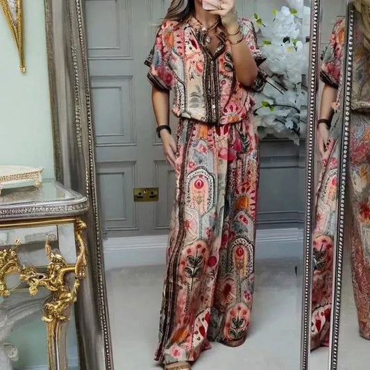 LUISA - Completo marrone 2 pezzi con top stampato e pantaloni ampi