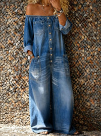 CHIARA - Salopette denim con scollo spalle scoperte, 4 colori — SHOT 1
