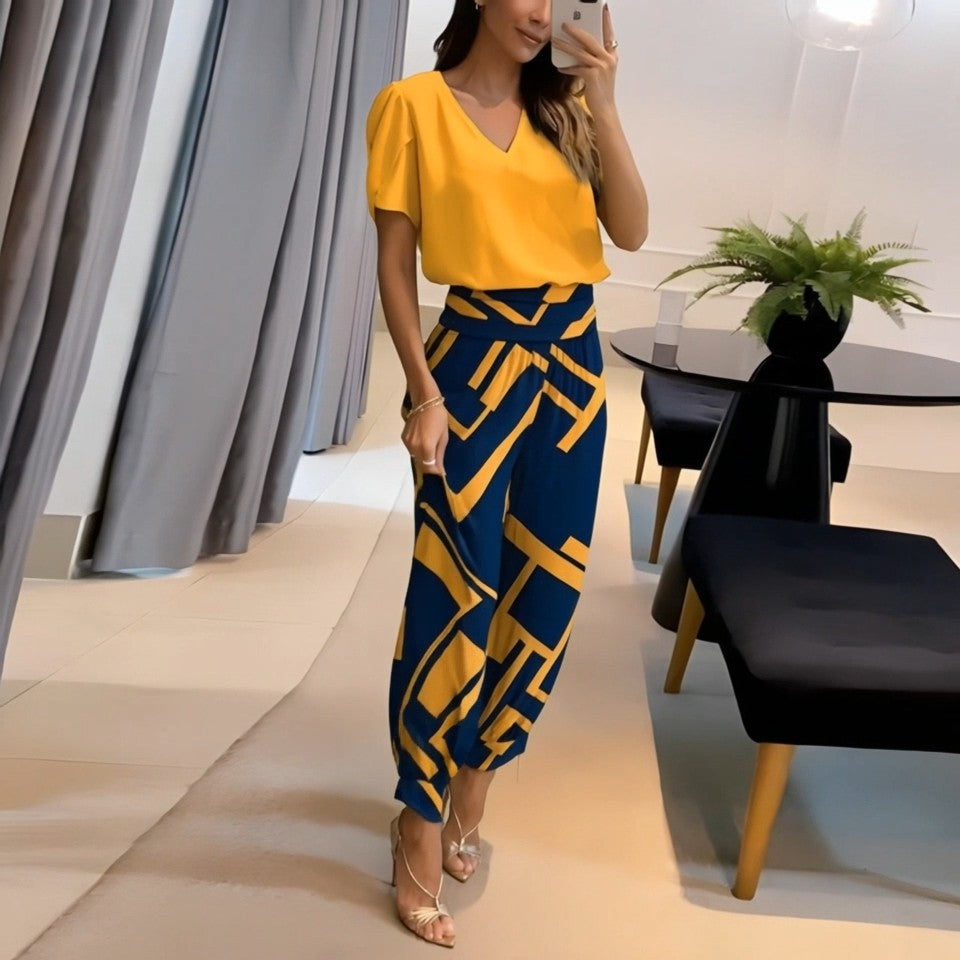 SOFIA - Completo blusa e pantaloni stampa giallo-blu, blu, oliva, nero — SHOT 1