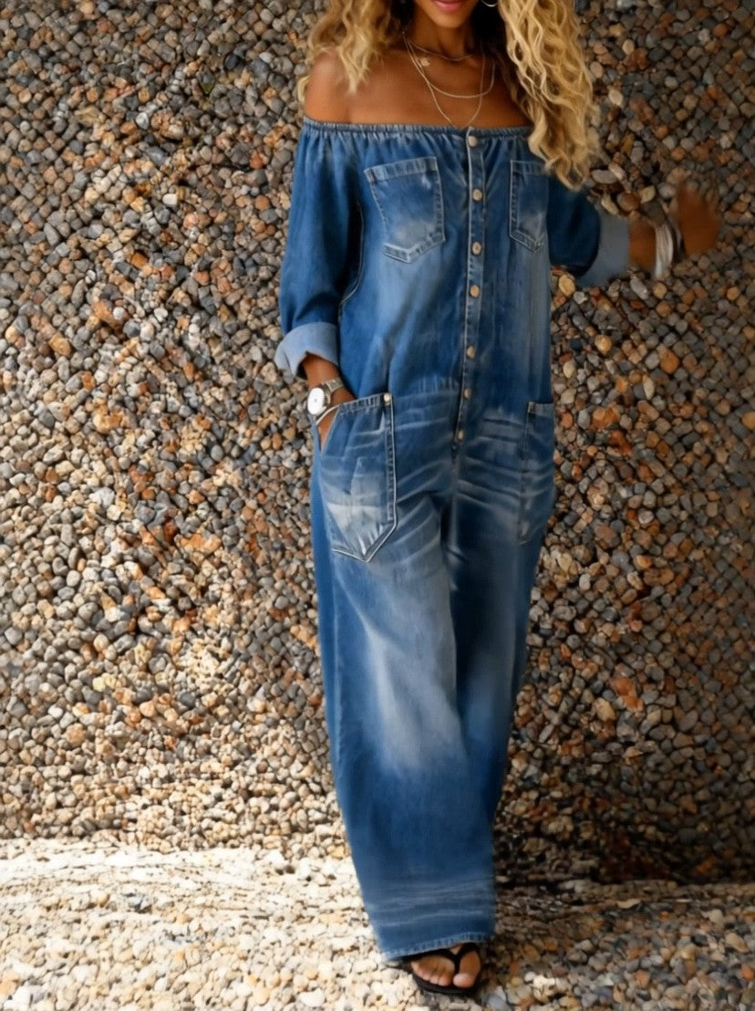 CHIARA - Salopette denim con scollo spalle scoperte, 4 colori — SHOT 2