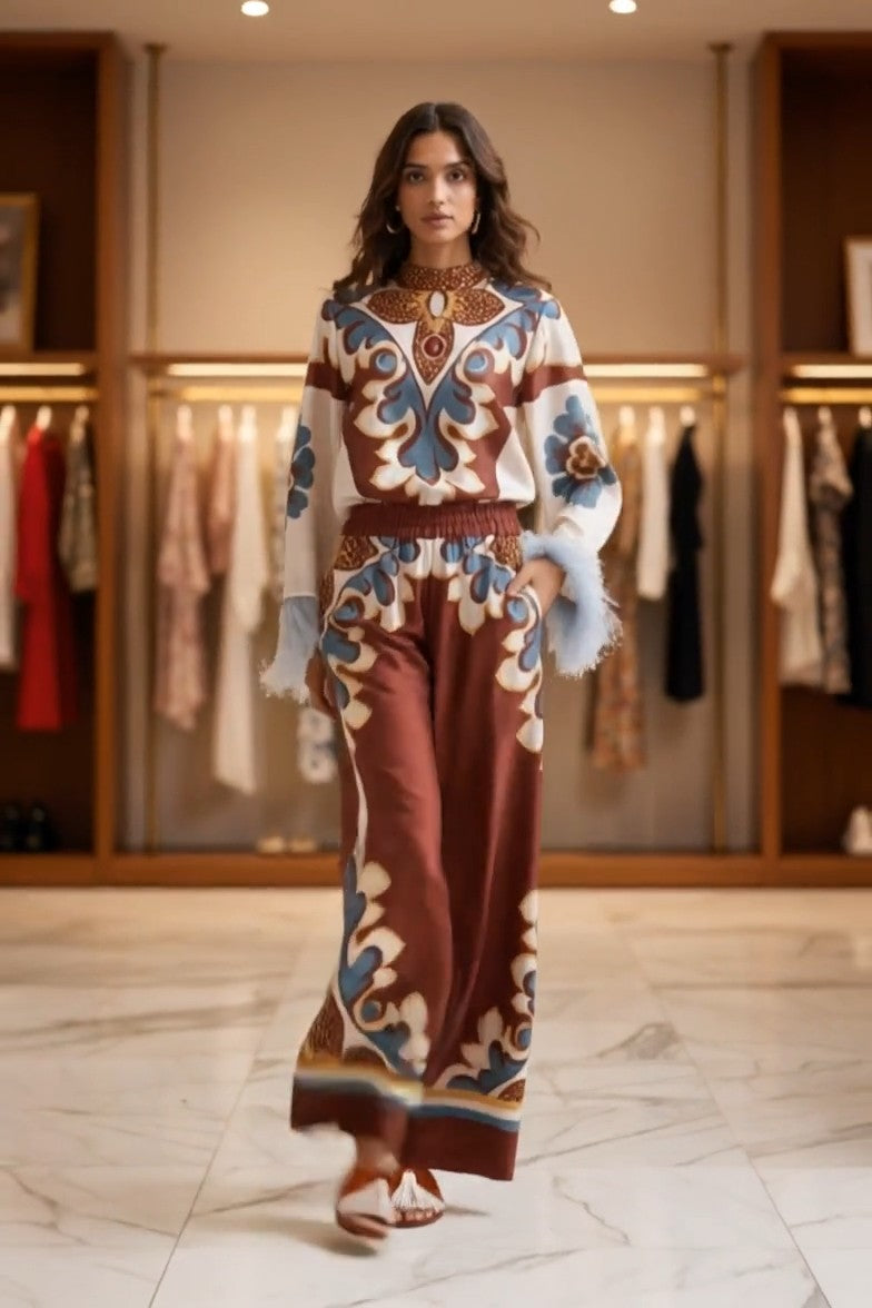 ACRI - Completo marrone satinato con piume e pantaloni ampi — SHOT 2
